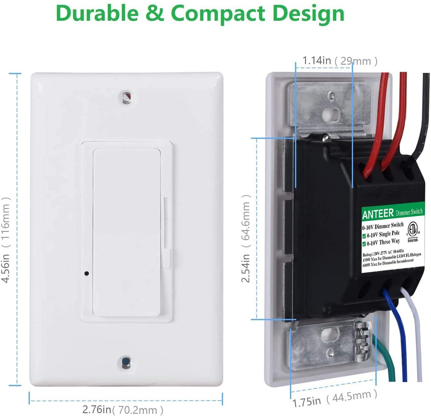 Dimmer Switch, 0-10V DC Low Voltage Single-Pole or 3-Way Dimmable LED/CFL/Incandescent/Halogen, Wall Plate (WHITE)