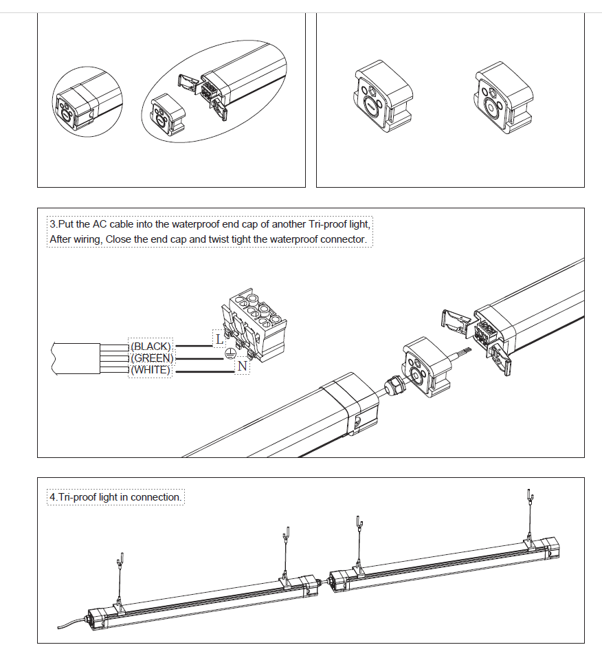 CONNECTOR for use with Tri-Proof Linkable Vapor Lights 4ft and 8ft Wattage and Kelvin Adjustable models