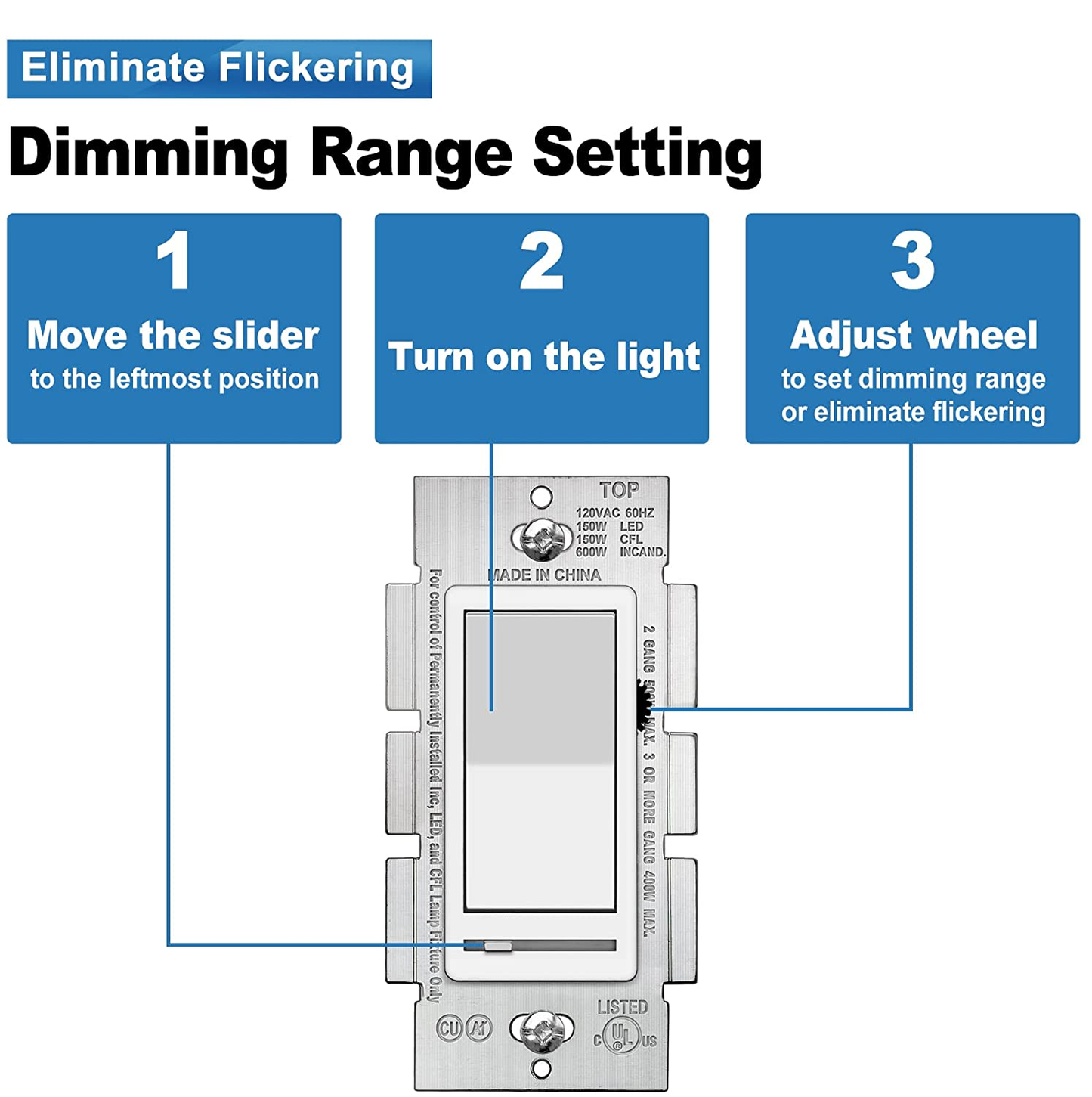 WHITE Dimmer w/ Rocker Switch 150w 120V (Standard Gang Box Installation)