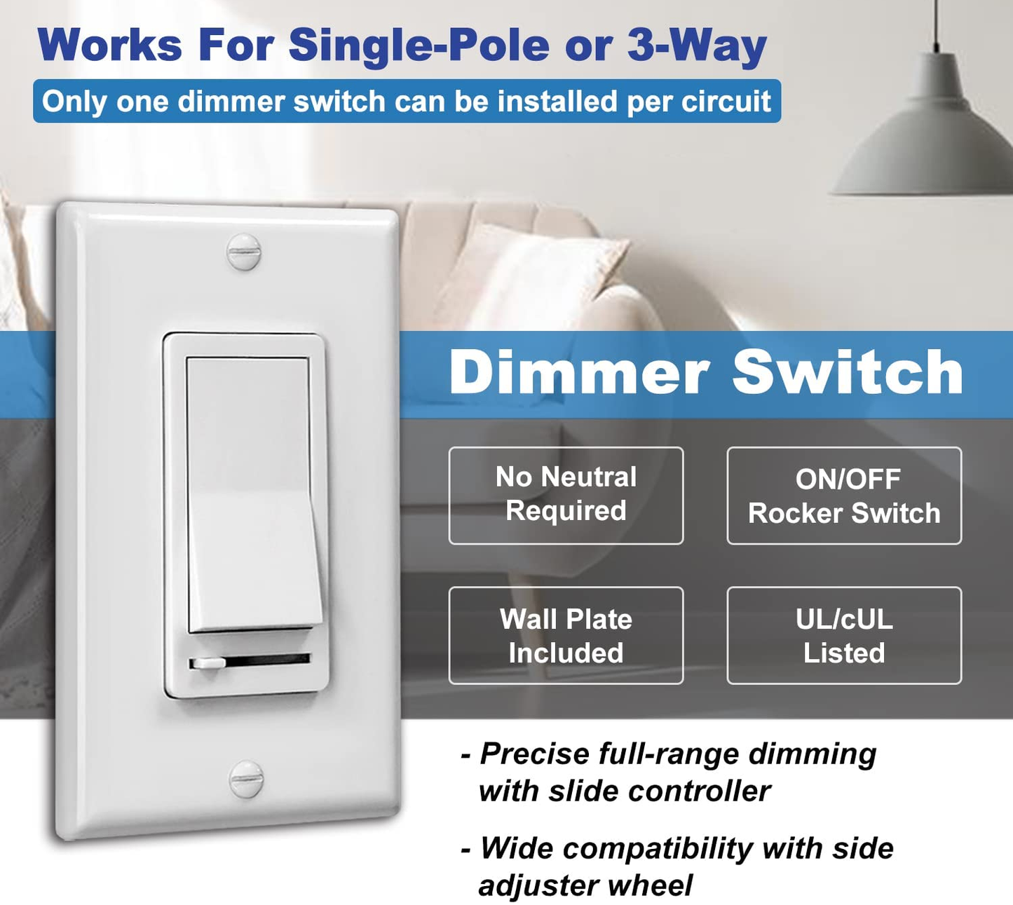 GRAY Dimmer w/ Rocker Switch 150w 120V (Standard Gang Box Installation)