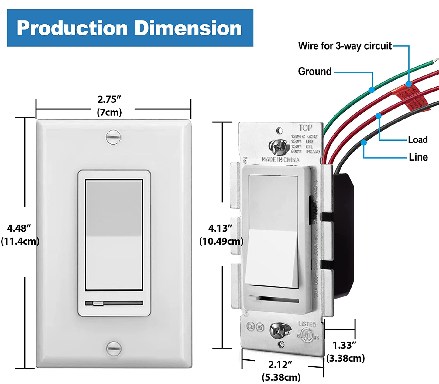 WHITE Dimmer w/ Rocker Switch 150w 120V (Standard Gang Box Installation)