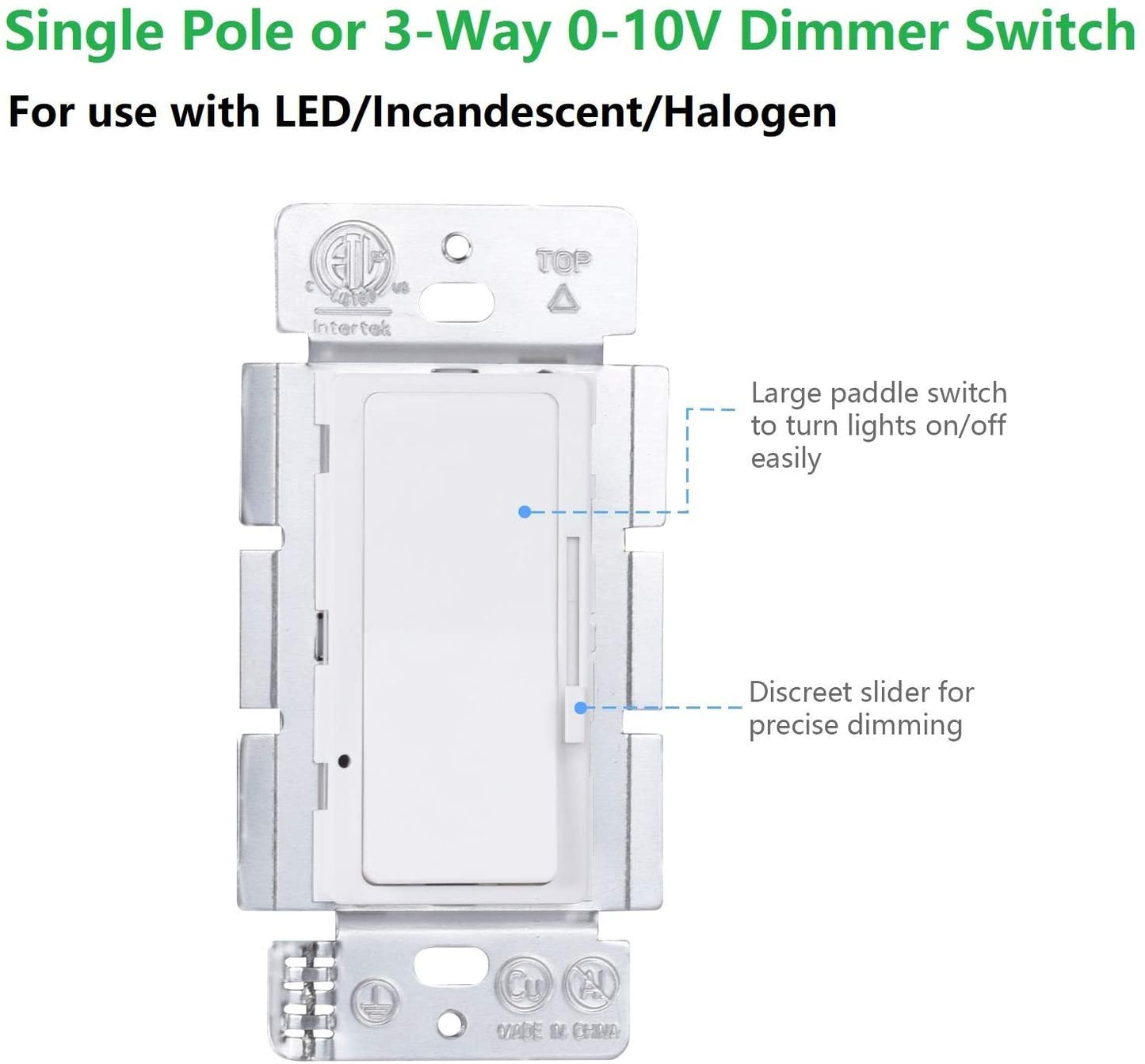 Dimmer Switch,  0-10V DC Low Voltage Single-Pole or 3-Way Dimmable LED/CFL/Incandescent/Halogen, Wall Plate (WHITE)