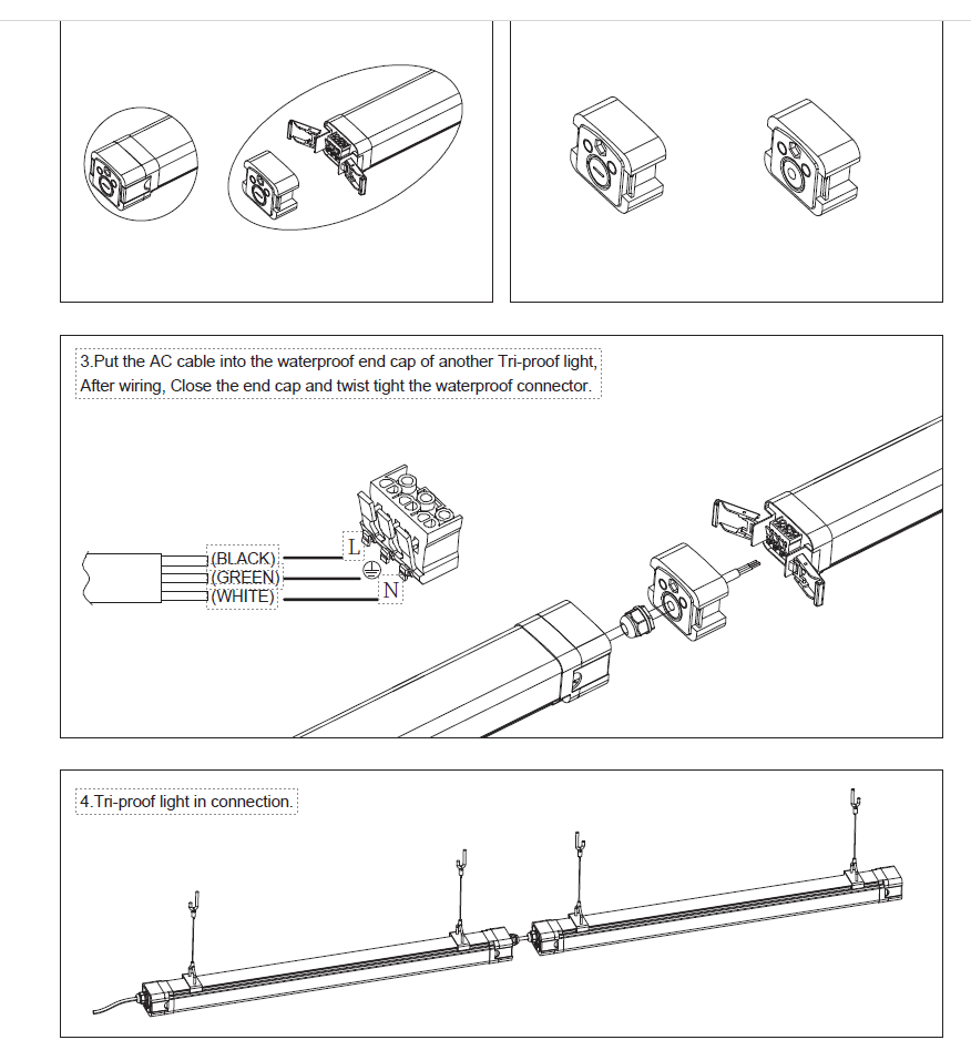 (CASE OF 9) Tri-Proof Linkable Vapor Light 4ft (40w/35W/30W Switchable) (3500K/4000K/5000K/6000K Switchable) ETL, DLC