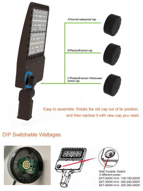 Shoe Box Light WATTAGE SWITCHABLE 120-347Vac w/4ft AC Cord (200w/240w/300w) 51,000 Lumen (Optional Remote Programmability or Dusk to Dawn Sensor)