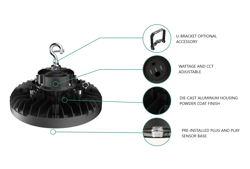 PRO-SELECT UFO High Bay 120-277V 150lm/w  240w/200w/150w Selectable 3500K/4000K/5000K Tunable W/Pre-Installed 12V AUX PIN Sensor Socket 36,000 Lumens w/6ft Whip Cord