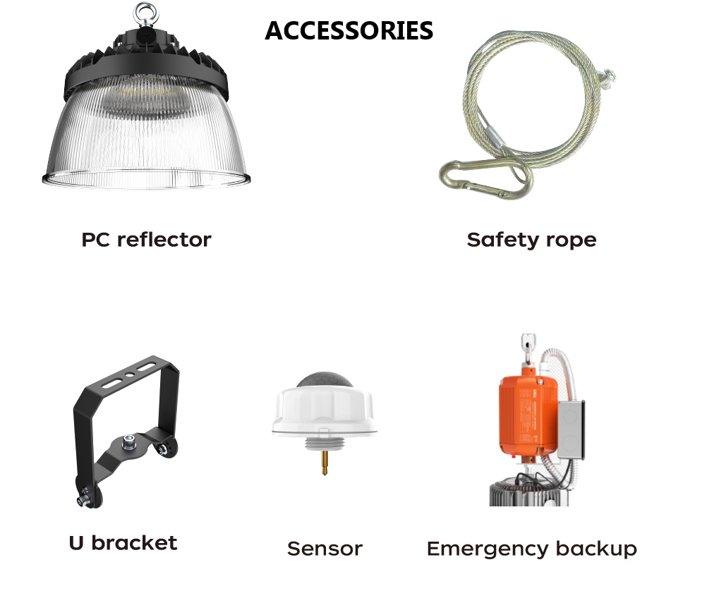 PRO-SELECT UFO High Bay 120-277V 150lm/w  240w/200w/150w Selectable 3500K/4000K/5000K Tunable W/Pre-Installed 12V AUX PIN Sensor Socket 36,000 Lumens w/6ft Whip Cord