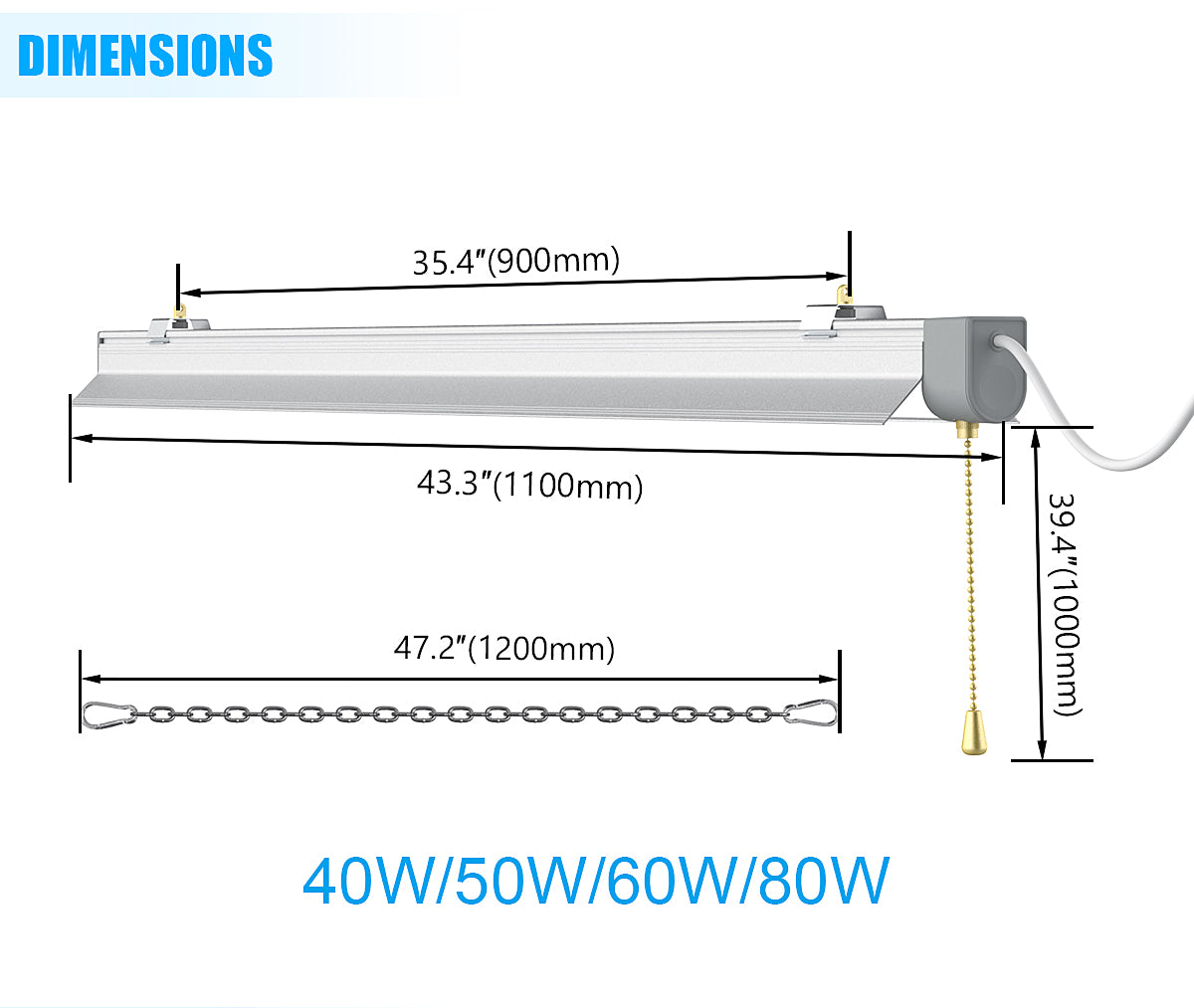 4ft 80W SHOP LIGHT 10,400lm - LINKABLE-  W/PULL SWITCH - NO RF DRIVER
