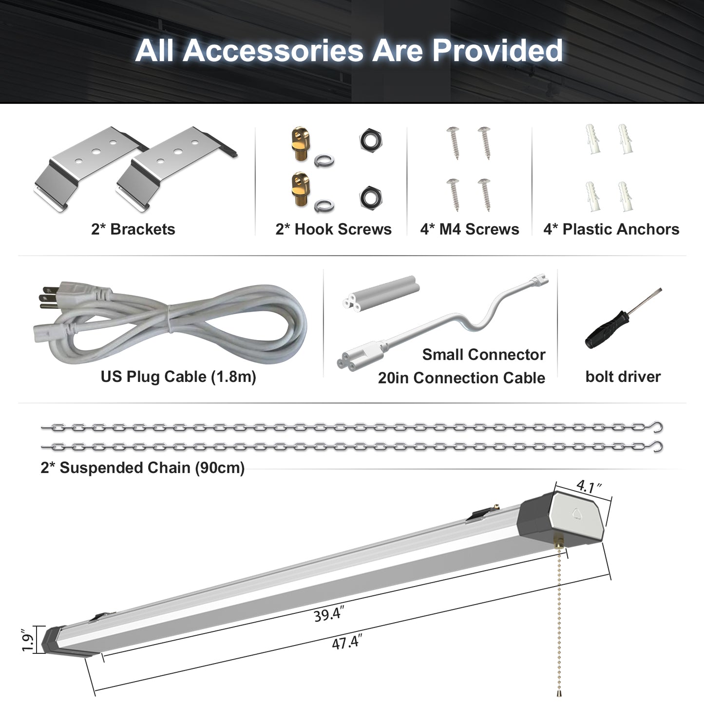 4ft 120W SHOP LIGHT 15,600lm - LINKABLE-  W/PULL SWITCH - NO RF DRIVER