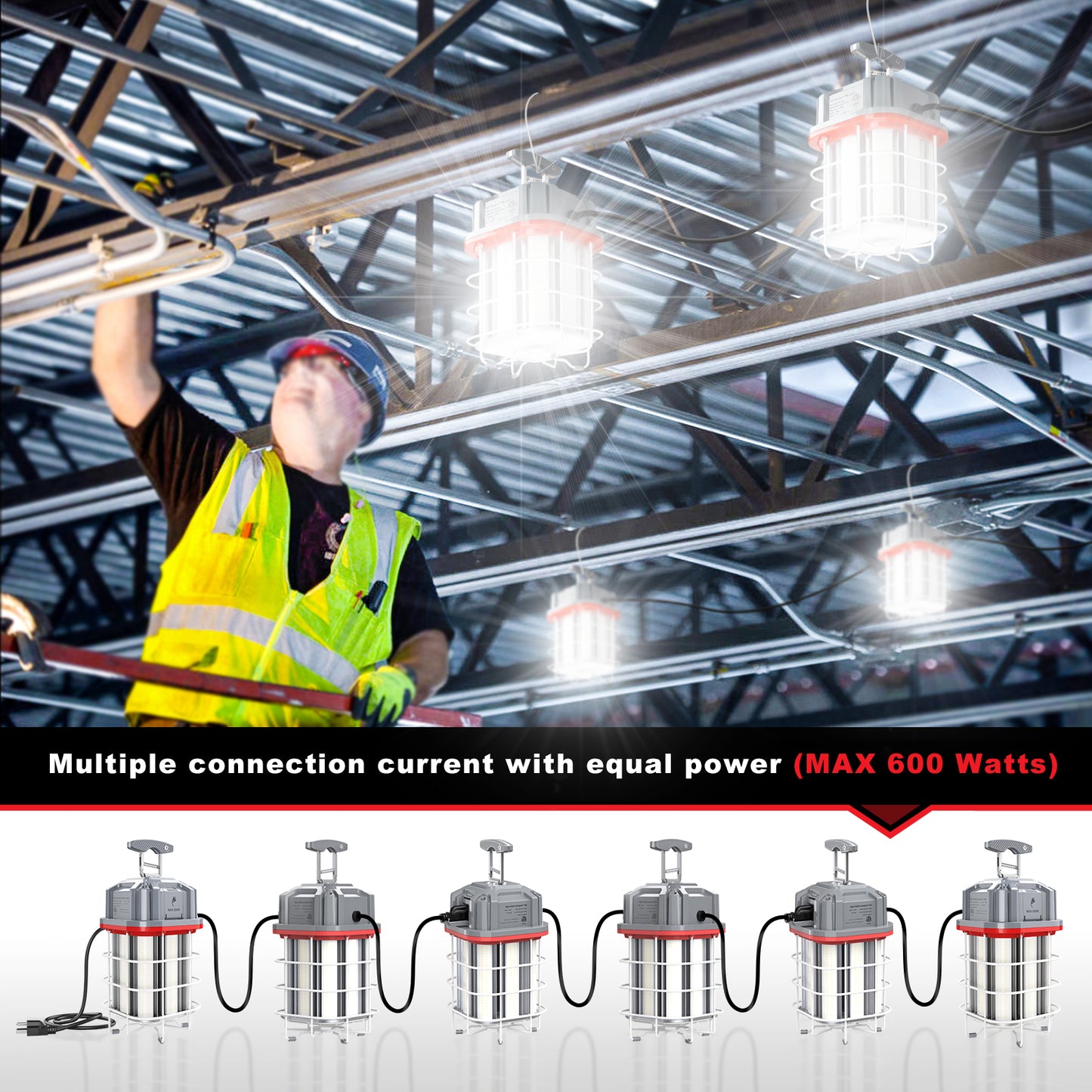 150W JOBSITE LINKABLE HANGING LIGHT 21,150lm 5000K 10FT 3-PRONG AC POWER CORD (YELLOW)