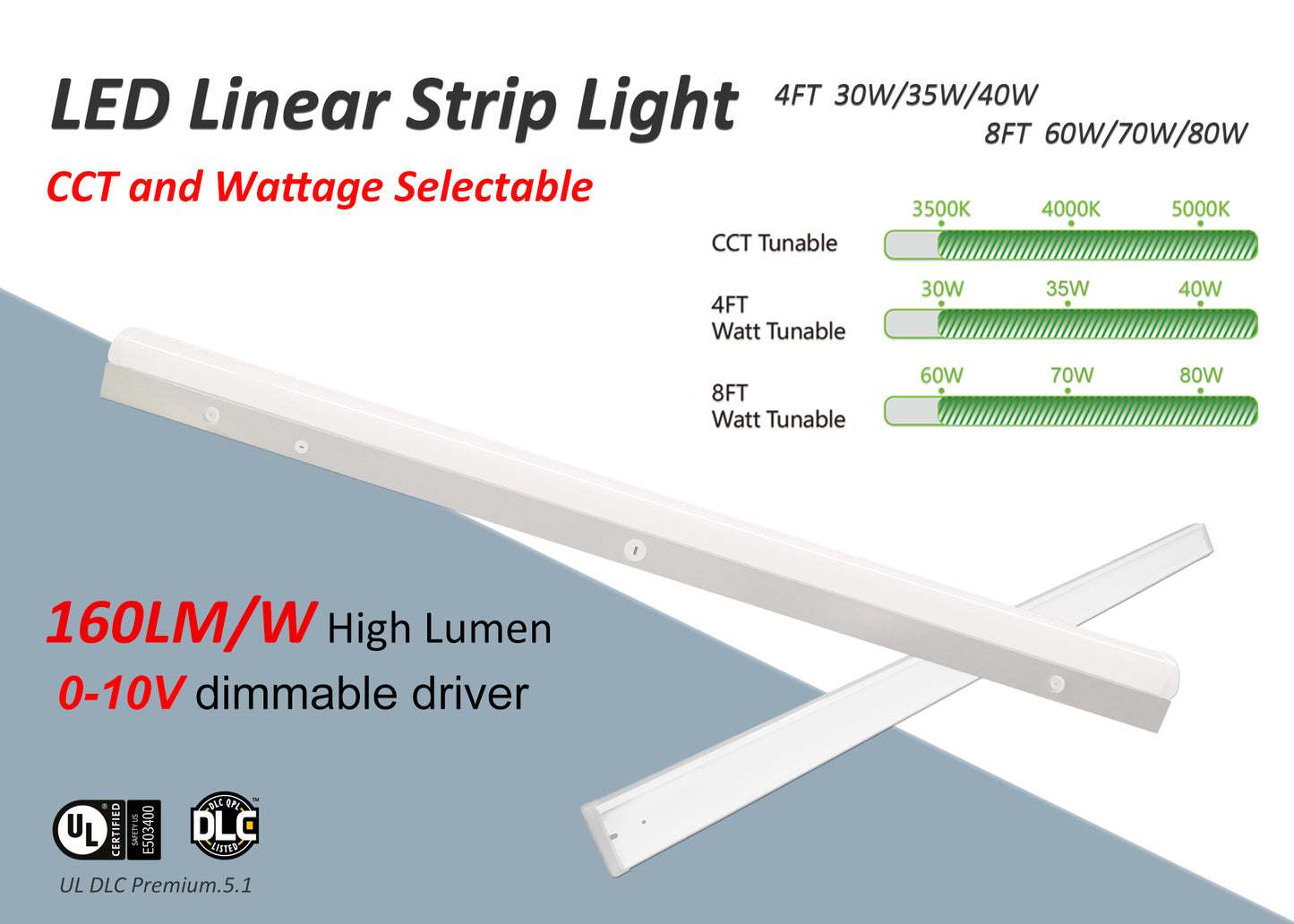 (CASE OF 4) 8 Foot Shop Light (CURVED PC LENS) 19,600 Lumen (3500K,4000K,5000K,6000K) Kelvin and (80W,70W,60W) Wattage Tune-Able and 0-10v Low Voltage Dimmable